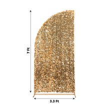 Gold sequined half moon shaped arch covers and fitted backdrop covers with measurements 7 ft and 3.3 ft