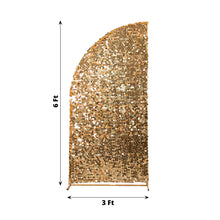 Arch covers and fitted backdrop covers made of gold sequin material in a half moon shape measuring 6 ft and 3 ft