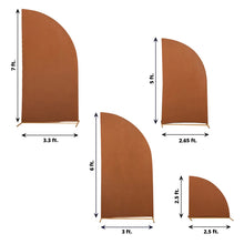Four different sizes of Spandex arch covers in Matte Cinnamon Brown color, shaped like Half Moon, as fitted backdrop covers