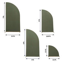 Four different sizes of green Spandex Half Moon Shape Backdrop Stand Covers with measurements on them