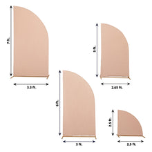 Four different sizes of Spandex arch covers in Matte Nude color, featuring a Half Moon shape Backdrop Stand Cover