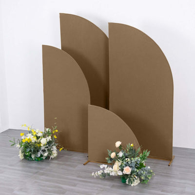 Decorative curved brown backdrops with floral arrangements in front.