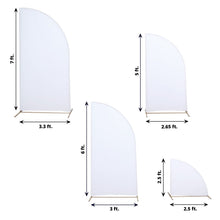 Four different sizes of Spandex Matte White Half Moon Backdrop Stand Covers with measurements on them