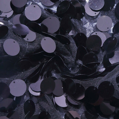 Black circular sequins on a sheer fabric background.