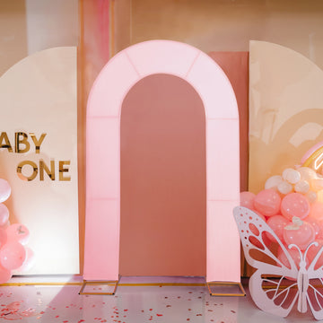 Experience Timeless Elegance with the Pink Spandex Fitted Open Arch Backdrop Cover