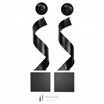 Black spiral metal shelves with mounting hardware, wall shelf kit components view