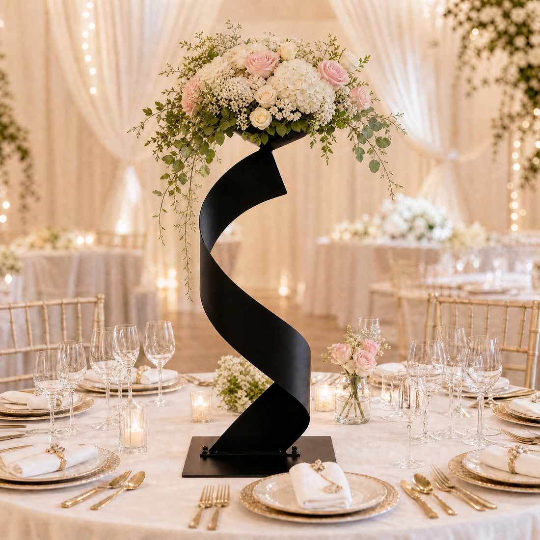 Elegant wedding table centerpiece with floral arrangement and gold place settings