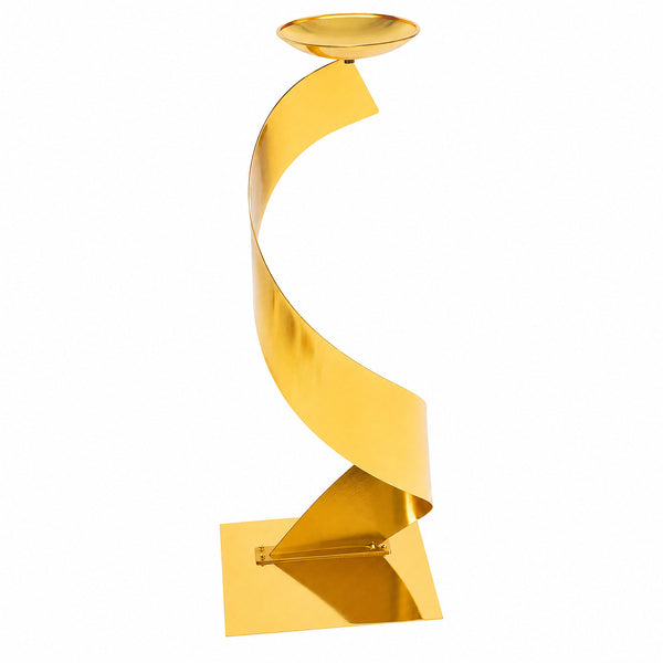 Gold spiral decorative sculpture on square base with bowl top
