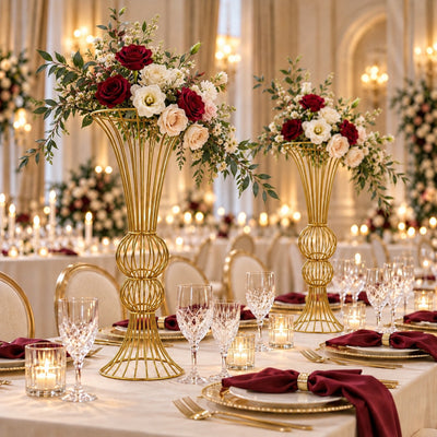 Luxury wedding reception table with gold floral centerpieces and burgundy napkins