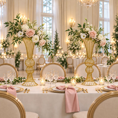 Elegant wedding reception table with gold floral centerpieces and blush pink accents