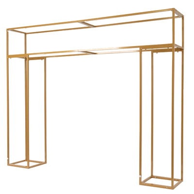 Gold metal display rack with open structure, ideal for showcasing items.
