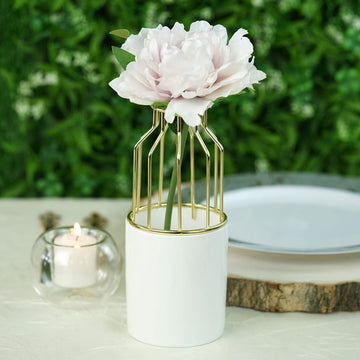 Add Elegance to Your Décor with the Gold Wrought Iron White Ceramic Vase