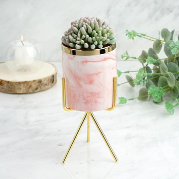 Elegant Gold Rimmed Pink Marble Ceramic Vase Planter Pot With Gold Metal Stand