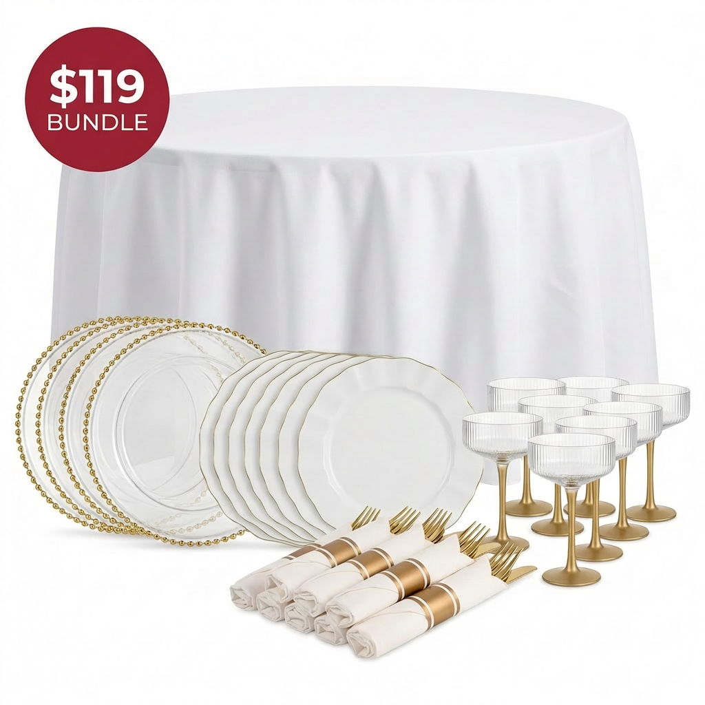 Elegant dining set bundle with plates, glasses, cutlery, and tablecloth.