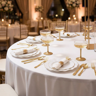 Elegant gold-accented dining setup with champagne glasses and fine tableware.