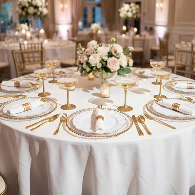 Elegant wedding reception table setting with gold accents and floral centerpiece.