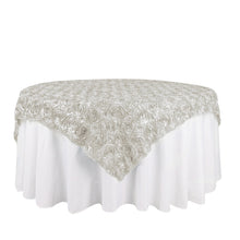 Ivory Satin Table Overlay With 3D Rosettes 72 Inch x 72 Inch