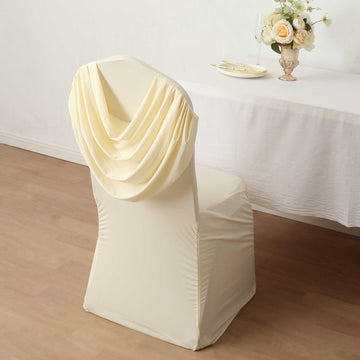 Ivory Ruched Swag Back Spandex Fitted Banquet Chair Cover With Foot Pockets