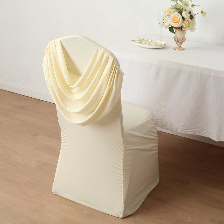 Ivory Ruched Swag Back Spandex Fitted Banquet Chair Cover With Foot Pockets
