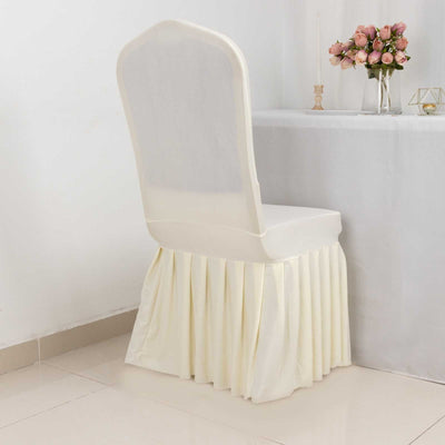 Elegant cream chair with pleated skirt, perfect for events or dining.