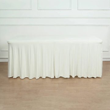Ivory Wavy Spandex Fitted Rectangle 1-Piece Tablecloth Table Skirt, Stretchy Table Skirt Cover with Ruffles 6ft