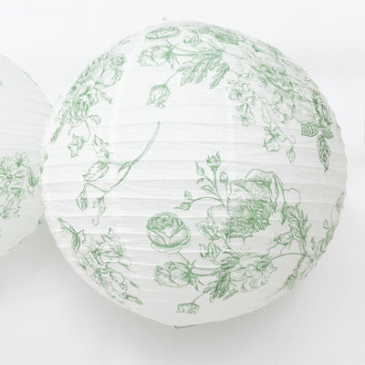 White floral paper lantern with green botanical pattern