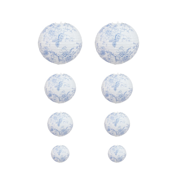 Blue floral paper lanterns in various sizes on a white background #whtbkgd