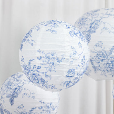 Blue floral paper lanterns hanging against a light backdrop.