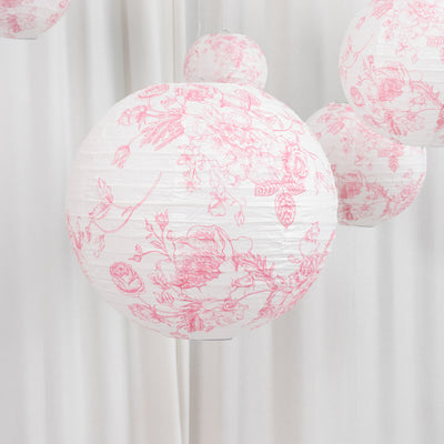 Pink floral paper lanterns hanging against a light backdrop.