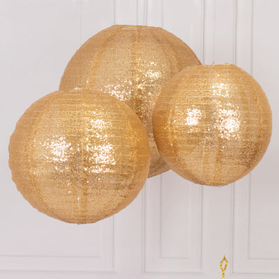 Gold sequin hanging lanterns in various sizes