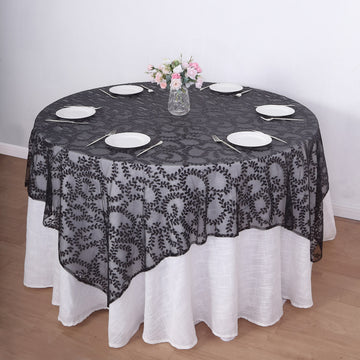 Elevate Your Table Decor with the Black Sequin Leaf Embroidered Tulle Table Overlay