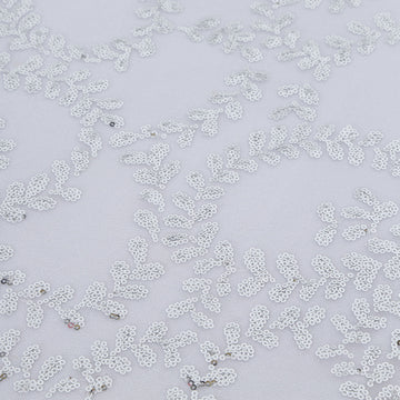 Create a Magical Atmosphere with the Silver Sequin Leaf Embroidered Seamless Tulle Table Overlay