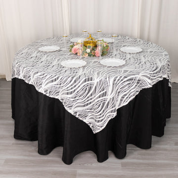 White Black Wave Mesh Square Table Overlay With Embroidered Sequins 72"x72"