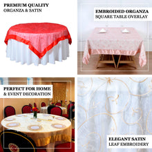 72"x72" Red Embroidered Sheer Organza Square Table Overlay With Satin Edge