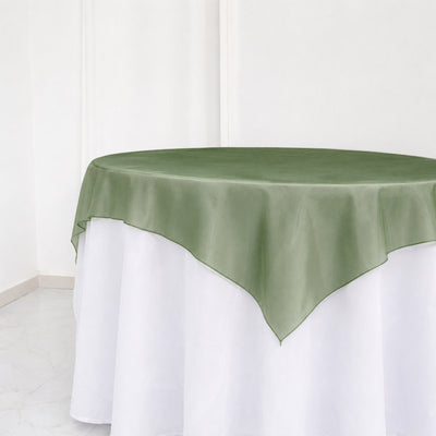 Green sheer table overlay on white round tablecloth in a minimalist room