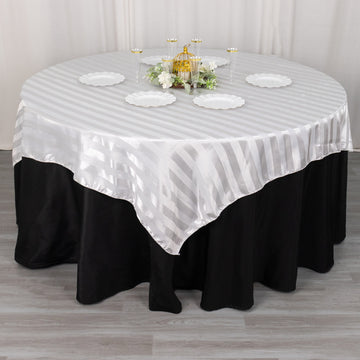 Enhance Your Event Decor with the White Satin Stripe Square Table Overlay