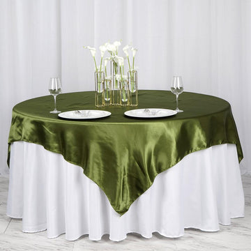 Experience Luxury with the Olive Green Seamless Satin Square Tablecloth Overlay