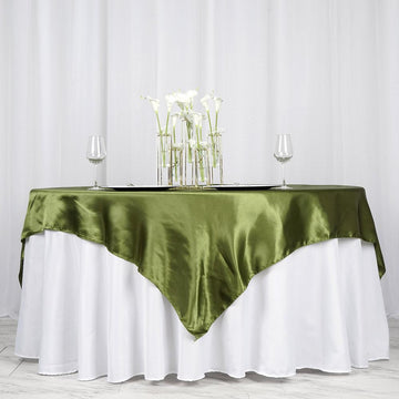 Elevate Your Event with the Olive Green Seamless Satin Square Tablecloth Overlay