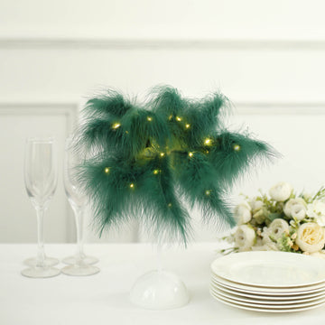 LED Hunter Emerald Green Feather Table Lamp Desk Light, Battery Operated Cordless Wedding Centerpiece 15"