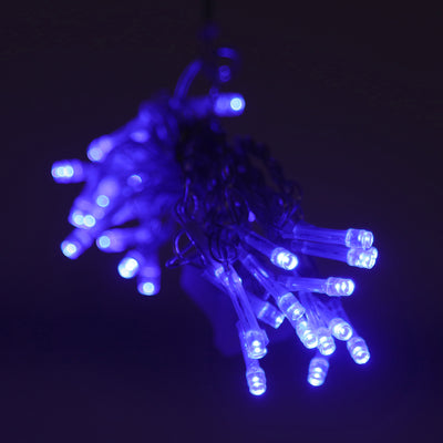 Blue LED fairy lights on a dark background.