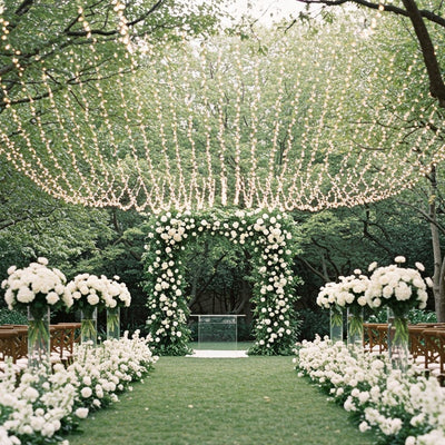 Wedding ceremony setup with floral arch and string lights in a garden.