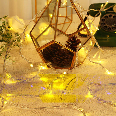 Warm white fairy lights with a decorative glass lantern and pinecones.