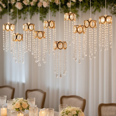 Elegant chandelier with crystal accents, hanging decoratively above a dining table.