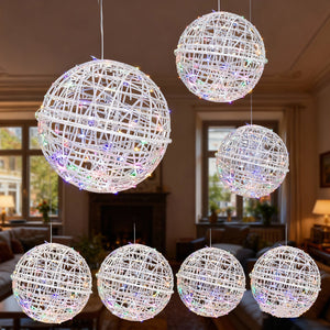Decorative hanging light spheres in various sizes with colorful lights.
