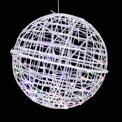 White woven globe light decoration with colorful LED accents.