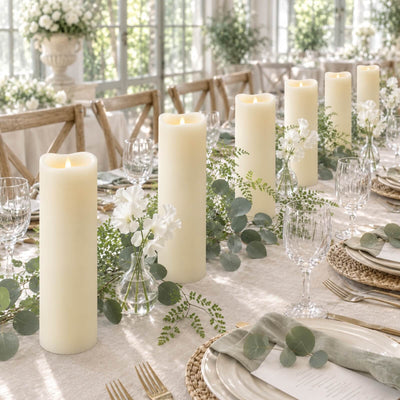 Elegant candlelit wedding table with greenery and white floral centerpieces