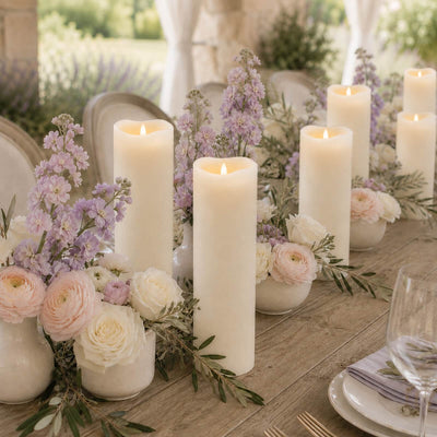 Elegant candlelit floral table setting with pastel blooms and ivory pillar candles