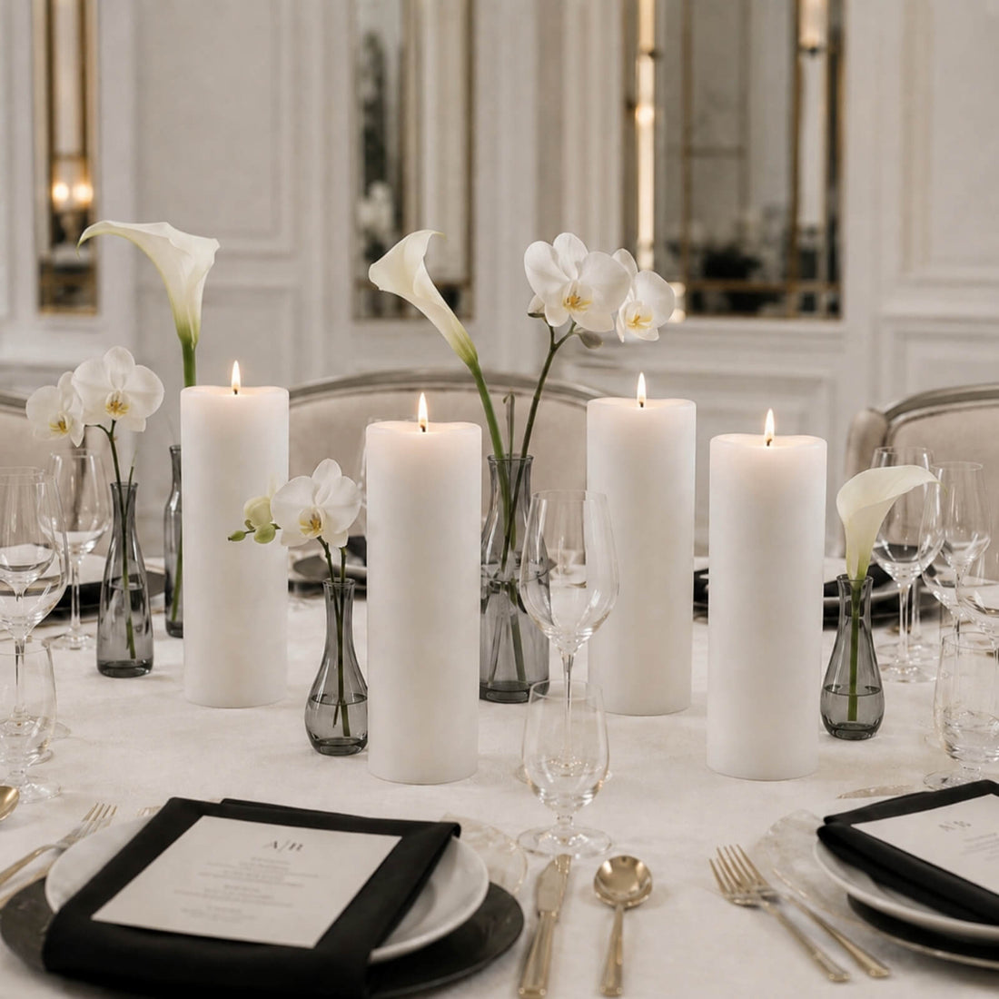 Elegant white floral wedding table centerpiece with candles and glassware