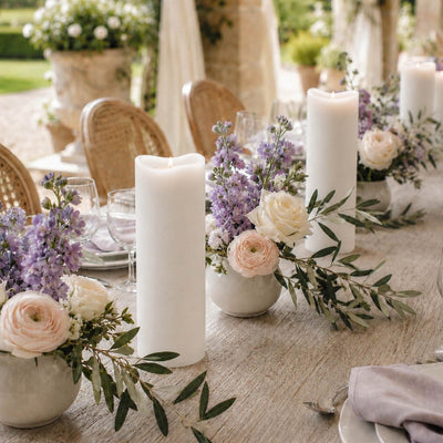 Elegant outdoor wedding table with candles and pastel floral centerpieces