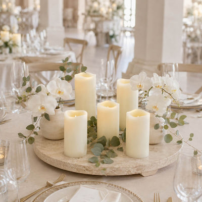 Elegant wedding table centerpiece with candles, orchids, and eucalyptus greenery